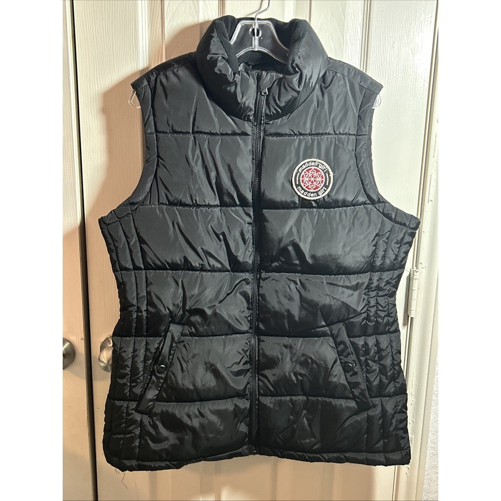 Madden Girl Puffer Vest Womens Large Black Full Zip Embroidered Logo Sleeveless
